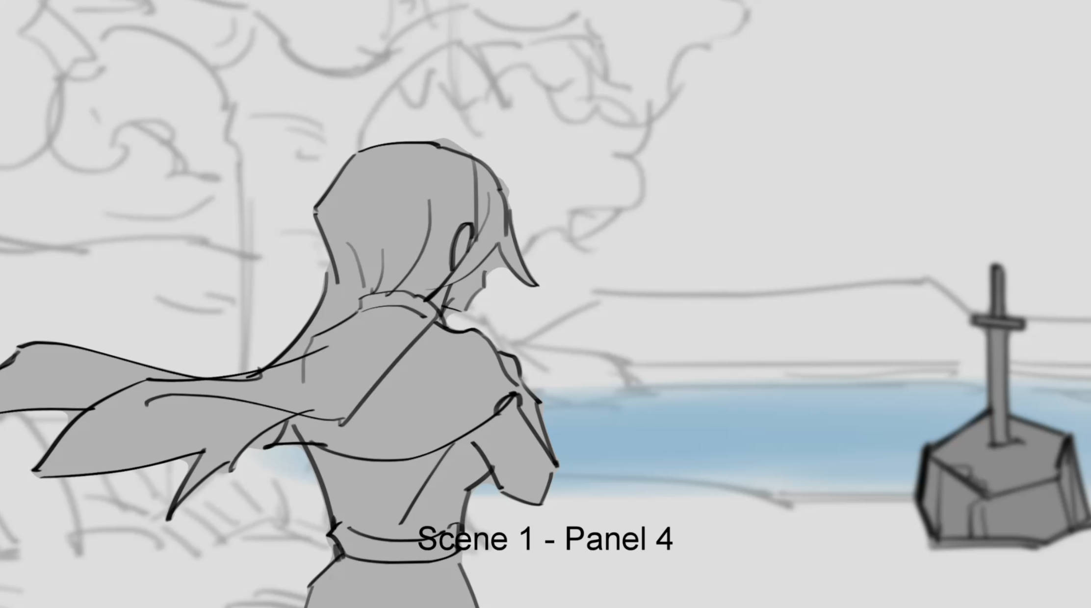 Storyboard panel showing a character beside a lake, Scene 1 Panel 4
